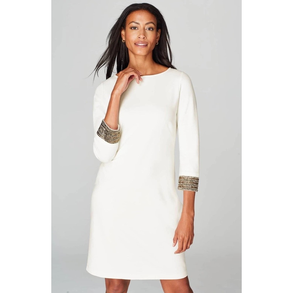 New Christian Siriano x J.Jill Cream Ponte Knit Beaded Cuff Dress Large Tall LT - Picture 16 of 16